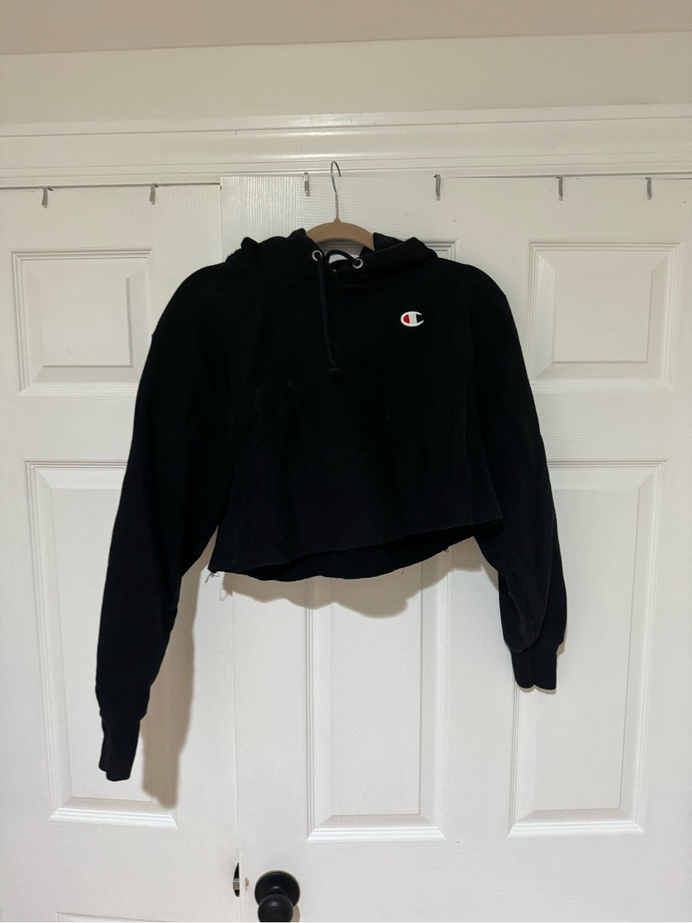 Champion Black Hoodie with Blue Logo Tag- Cropped